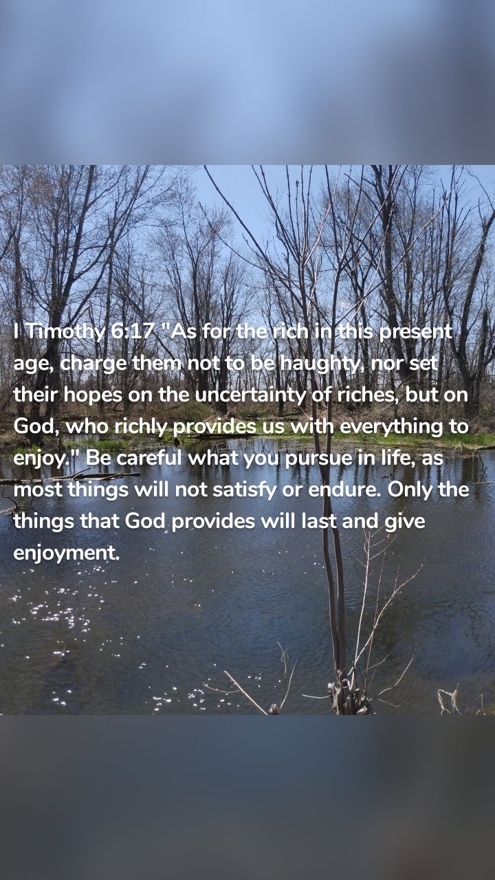 I Timothy 6:17 "As for the rich in this present age, charge them not to be haughty, nor set their hopes on the uncertainty of riches, but on God, who richly provides us with everything to enjoy." Be careful what you pursue in life, as most things will not satisfy or endure. Only the things that God provides will last and give enjoyment. 