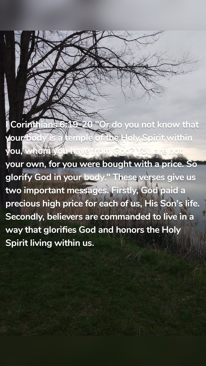 I Corinthians 6:19-20 "Or do you not know that your body is a temple of the Holy Spirit within you, whom you have from God? You are not your own, for you were bought with a price. So glorify God in your body." These verses give us two important messages. Firstly, God paid a precious high price for each of us, His Son's life. Secondly, believers are commanded to live in a way that glorifies God and honors the Holy Spirit living within us. 