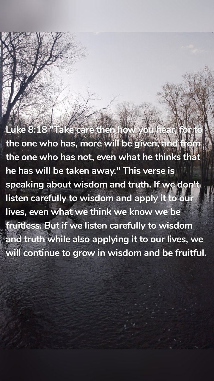 Luke 8:18 "Take care then how you hear, for to the one who has, more will be given, and from the one who has not, even what he thinks that he has will be taken away." This verse is speaking about wisdom and truth. If we don't listen carefully to wisdom and apply it to our lives, even what we think we know we be fruitless. But if we listen carefully to wisdom and truth while also applying it to our lives, we will continue to grow in wisdom and be fruitful.