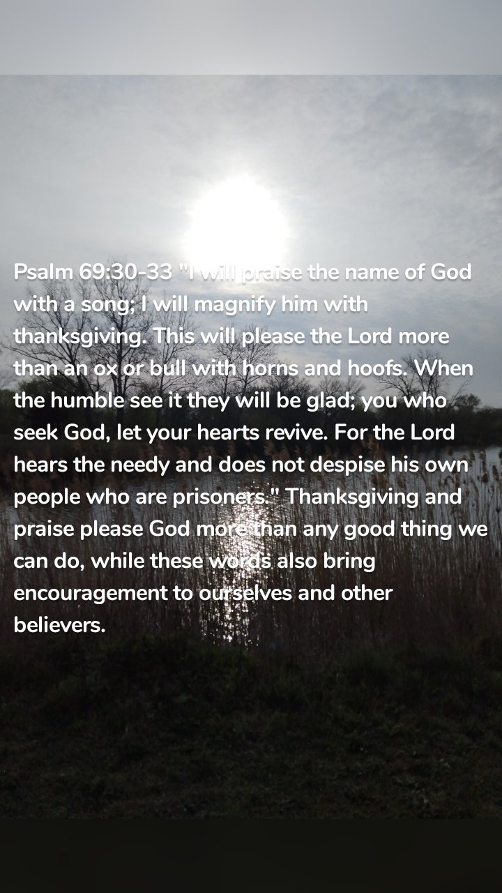 Psalm 69:30-33 "I will praise the name of God with a song; I will magnify him with thanksgiving. This will please the Lord more than an ox or bull with horns and hoofs. When the humble see it they will be glad; you who seek God, let your hearts revive. For the Lord hears the needy and does not despise his own people who are prisoners." Thanksgiving and praise please God more than any good thing we can do, while these words also bring encouragement to ourselves and other believers.