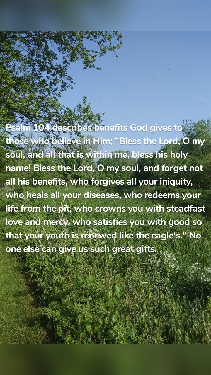 Psalm 104 describes benefits God gives to those who believe in Him; "Bless the Lord, O my soul, and all that is within me, bless his holy name! Bless the Lord, O my soul, and forget not all his benefits, who forgives all your iniquity, who heals all your diseases, who redeems your life from the pit, who crowns you with steadfast love and mercy, who satisfies you with good so that your youth is renewed like the eagle's." No one else can give us such great gifts. 