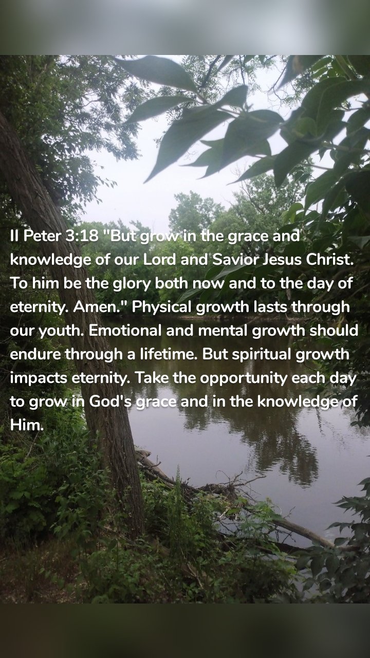 II Peter 3:18 "But grow in the grace and knowledge of our Lord and Savior Jesus Christ. To him be the glory both now and to the day of eternity. Amen." Physical growth lasts through our youth. Emotional and mental growth should endure through a lifetime. But spiritual growth impacts eternity. Take the opportunity each day to grow in God's grace and in the knowledge of Him. 