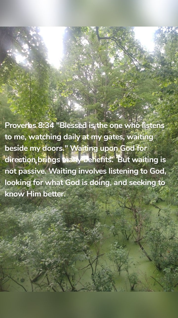 Proverbs 8:34 "Blessed is the one who listens to me, watching daily at my gates, waiting beside my doors." Waiting upon God for direction brings many benefits.  But waiting is not passive. Waiting involves listening to God, looking for what God is doing, and seeking to know Him better. 