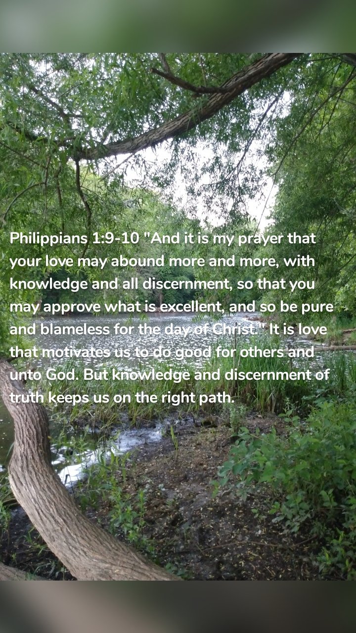 Philippians 1:9-10 "And it is my prayer that your love may abound more and more, with knowledge and all discernment, so that you may approve what is excellent, and so be pure and blameless for the day of Christ." It is love that motivates us to do good for others and unto God. But knowledge and discernment of truth keeps us on the right path. 
