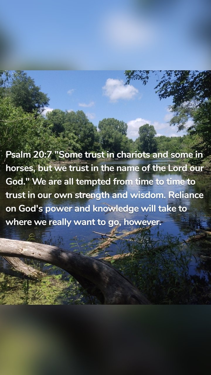 Psalm 20:7 "Some trust in chariots and some in horses, but we trust in the name of the Lord our God." We are all tempted from time to time to trust in our own strength and wisdom. Reliance on God's power and knowledge will take to where we really want to go, however. 